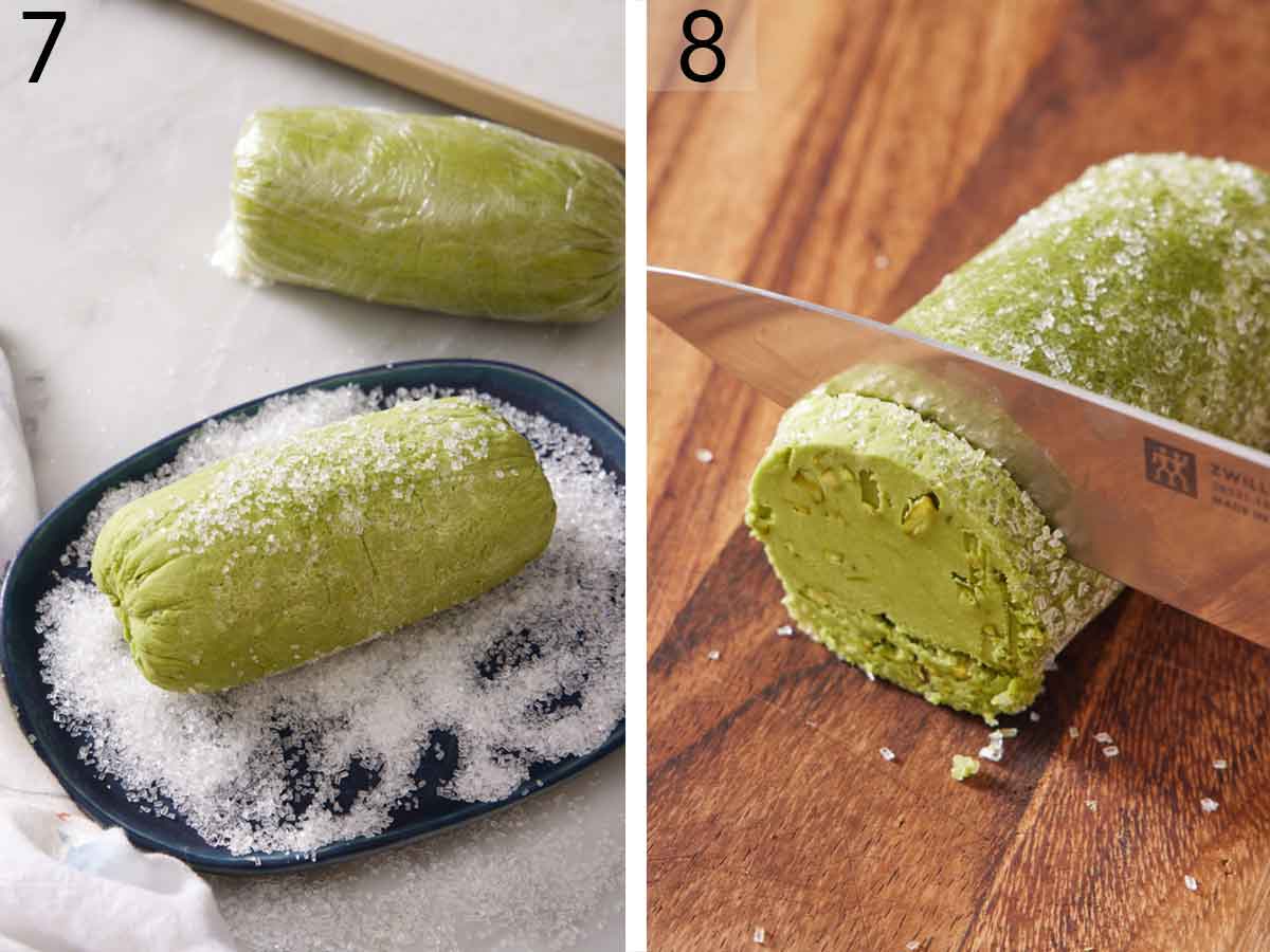 Set of two photos showing dough log rolled in sparkling sugar and then sliced.