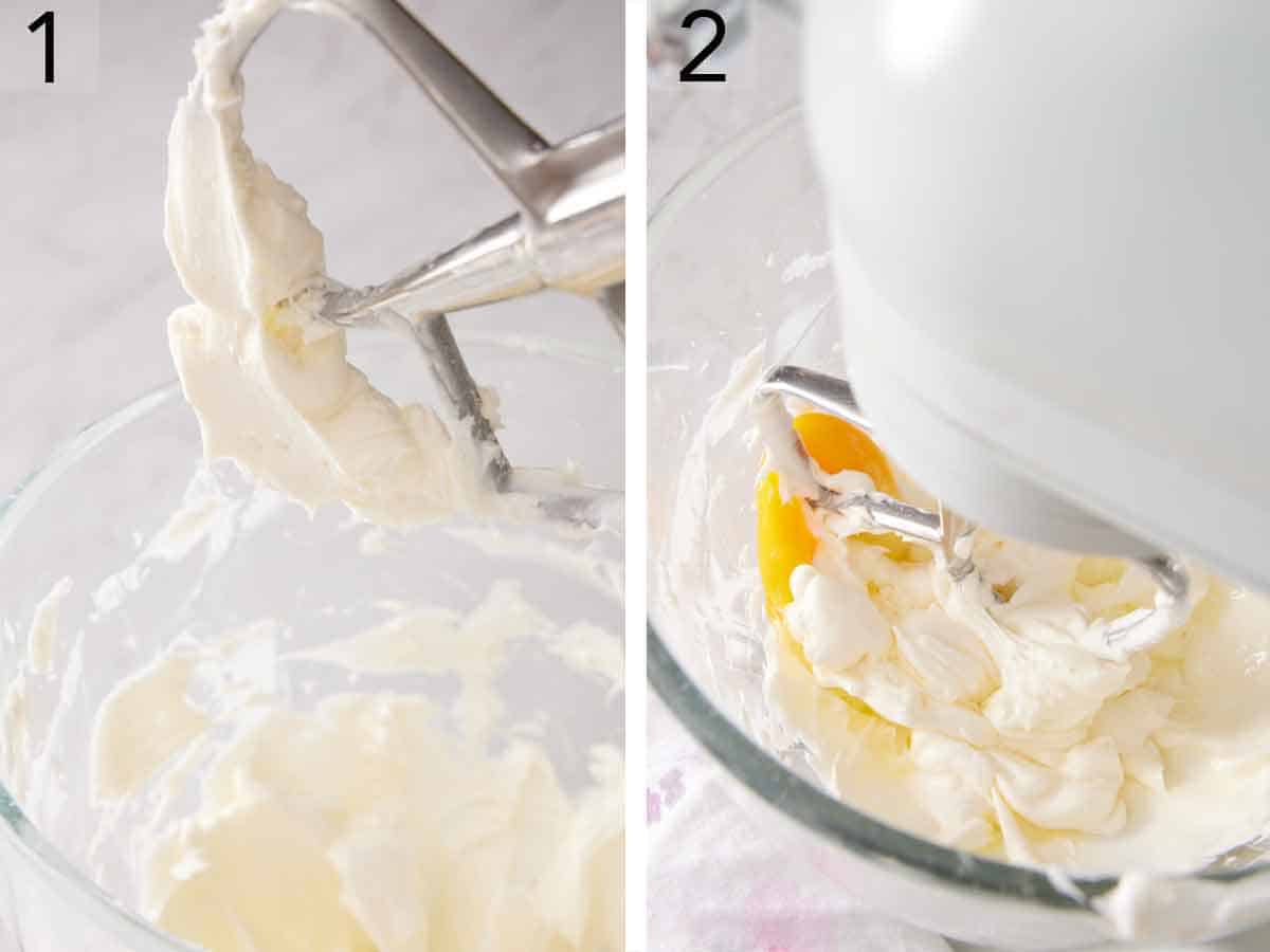 Set of two photos showing butter creamed and an egg added to the mixer.