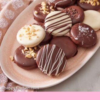 Pinterest graphic of a platter of variously decorated Ritz cookies.