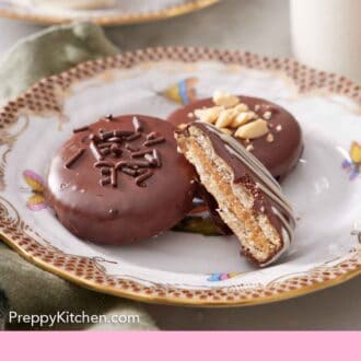 Pinterest graphic of a plate with two Ritz cookies with a cut half leaning up.