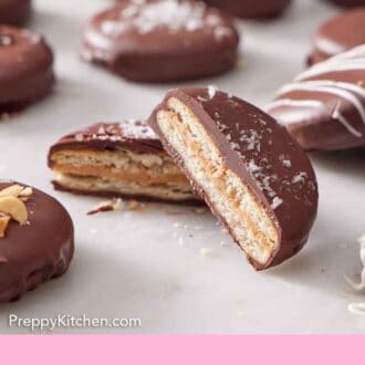 Pinterest graphic of A Ritz cookie cut in half, displaying the interior surrounded by more cookies.