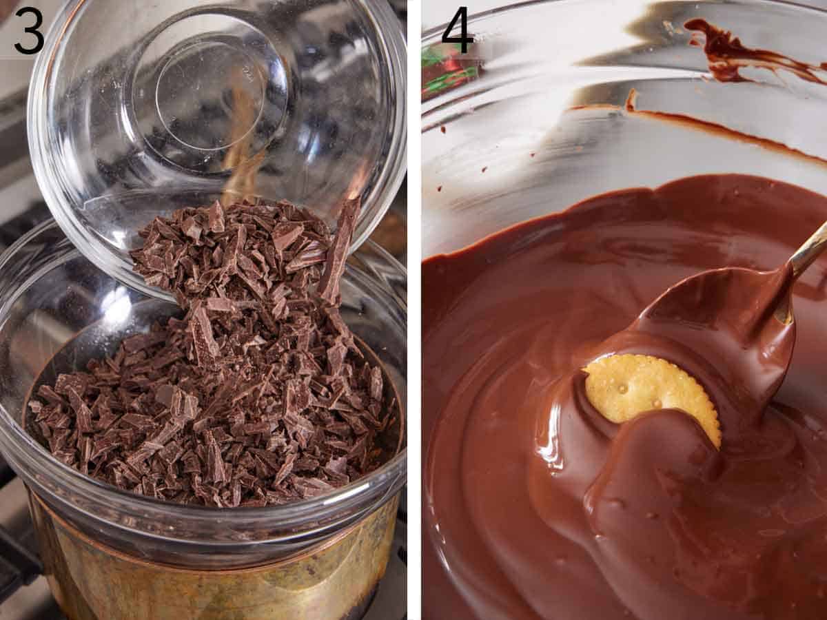 Set of two photos showing chopped chocolate added to a bowl over a pot of water and Ritz cookie dipped into melted chocolate.