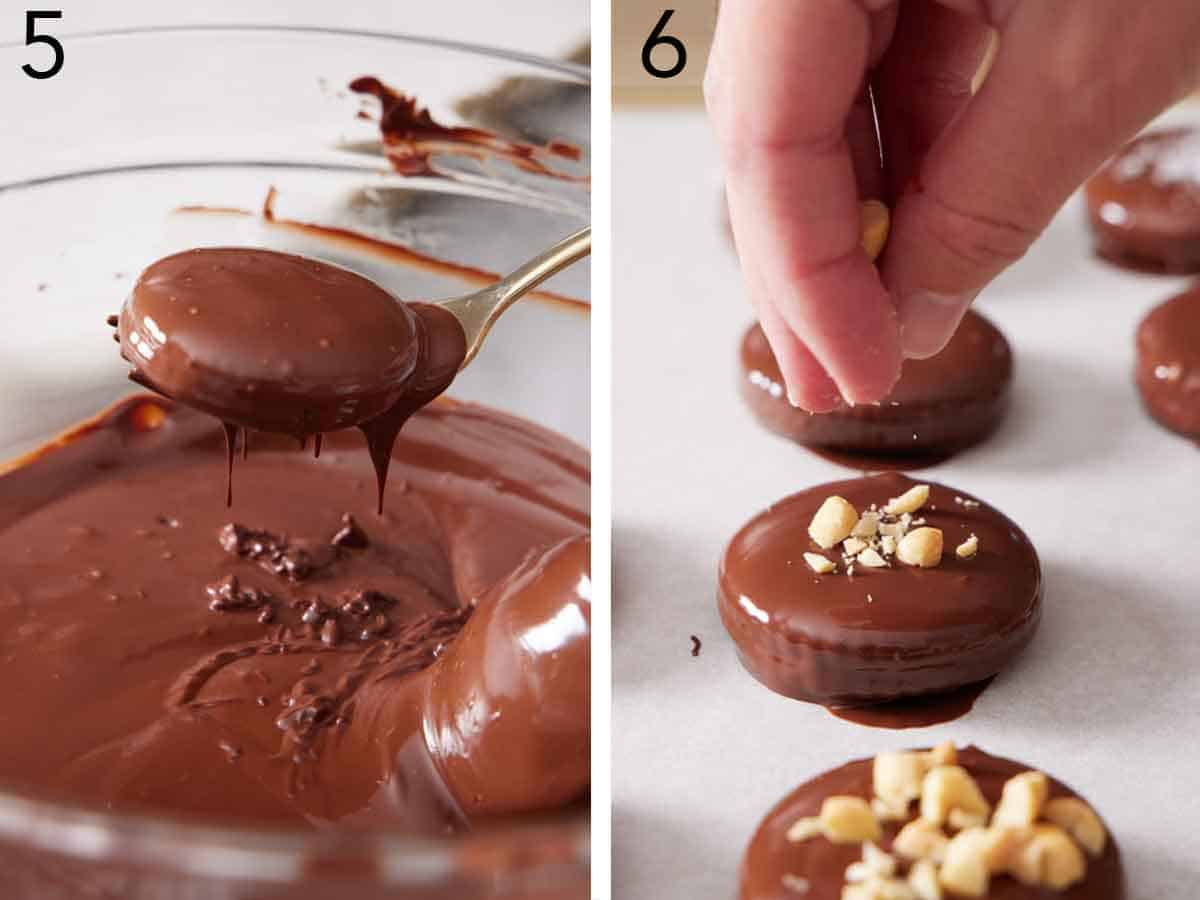 Set of two photos showing chocolate coated cookie lifted from the bowl and chopped peanuts sprinkled on top.