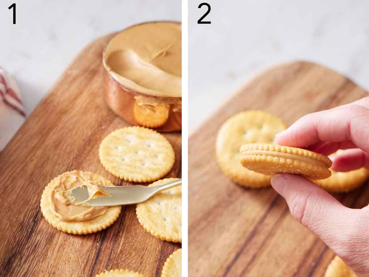 Set of two photos showing peanut butter spread onto a Ritz cracker to make a sandwich.