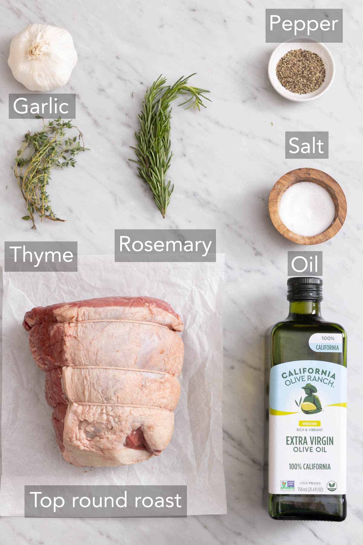 Ingredients needed to make roast beef.