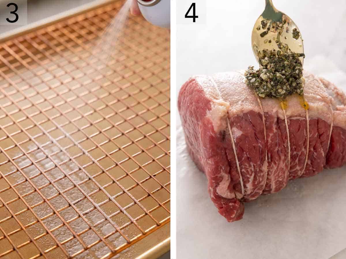 Set of two photos showing a wire rack sprayed with non-stick oil and butter mixture spooned over the meat.