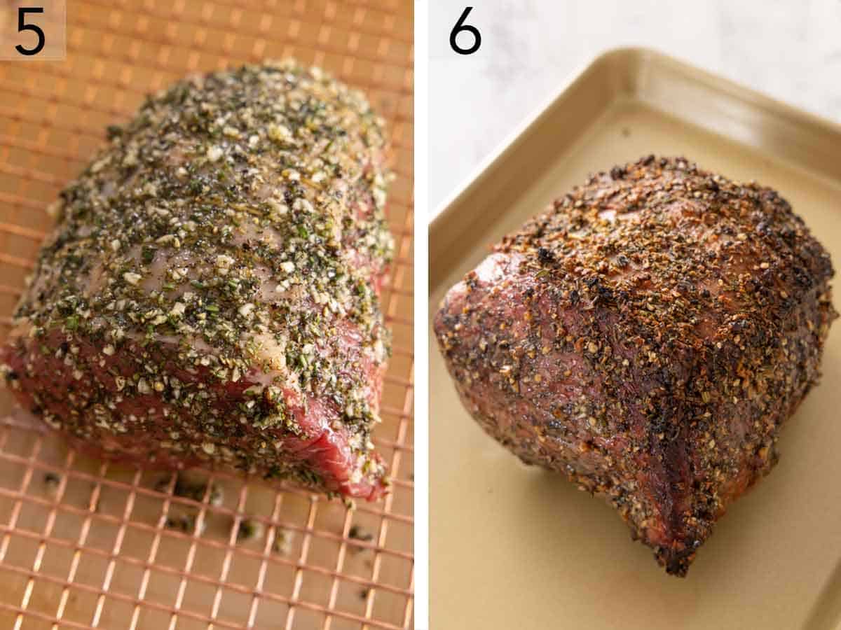 Set of two photos showing the seasoned roast added to the rack on the sheet pan and baked.