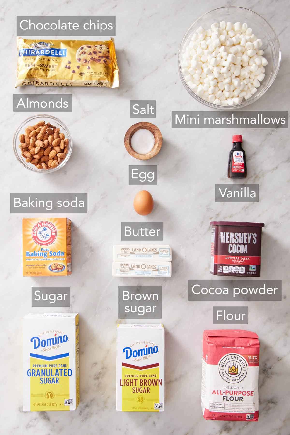 Ingredients needed to make rocky road cookies.