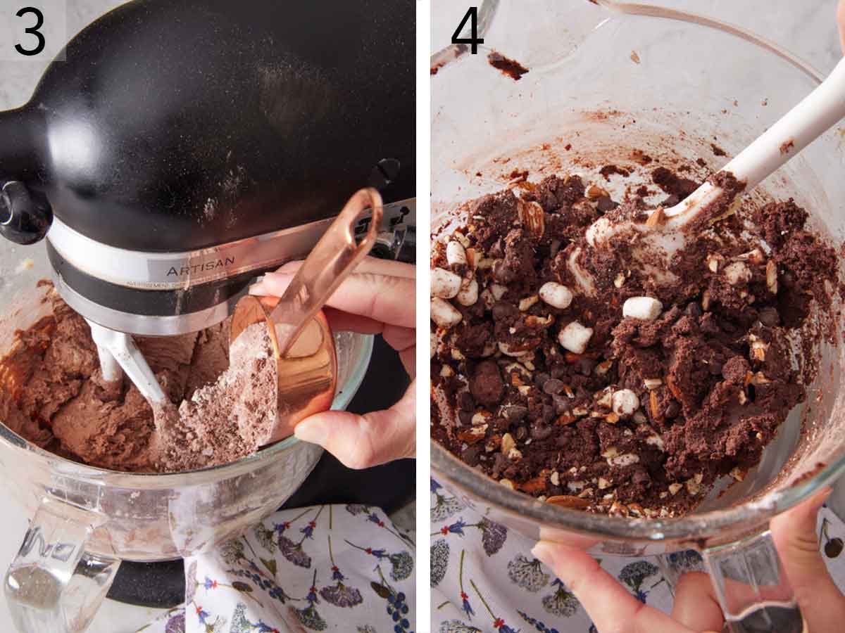 Set of two photos showing flour added to the mixer then mini marshmallows folded into the batter.