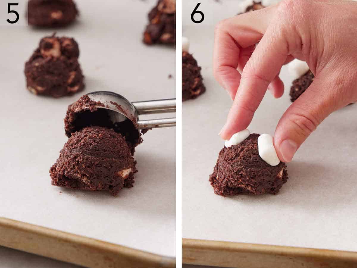 Set of two photos showing dough scooped onto a lined sheet pan and mini marshmallows pressed on top.