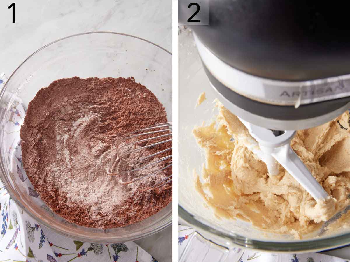 Set of two photos showing dry ingredients whisked together and butter creamed in a mixer.