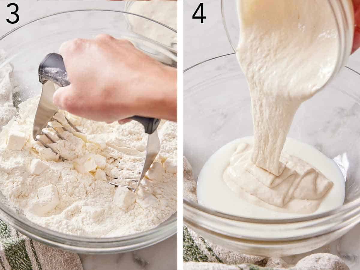 Set of two photos showing butter cut into the flour and discard added to liquid.