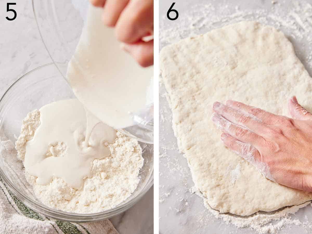 Set of two photos showing liquid ingredients added to the flour and dough rolled out.