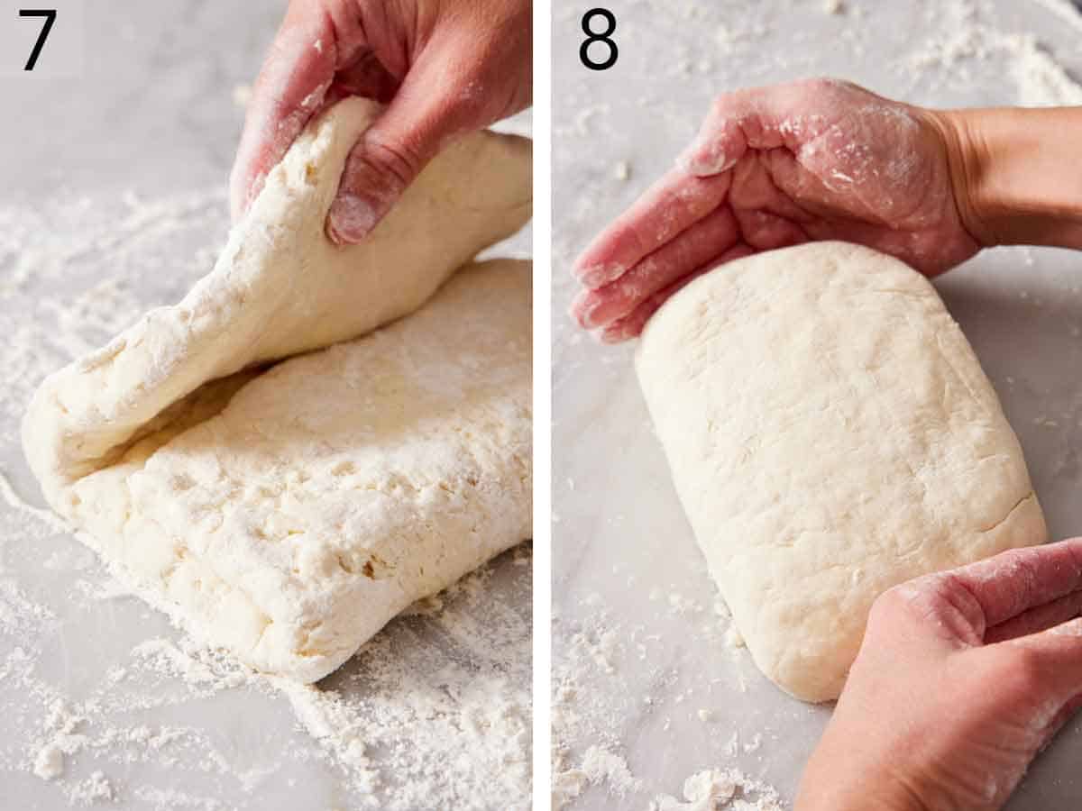 Set of two photos showing dough folded into itself and into a rectangle.