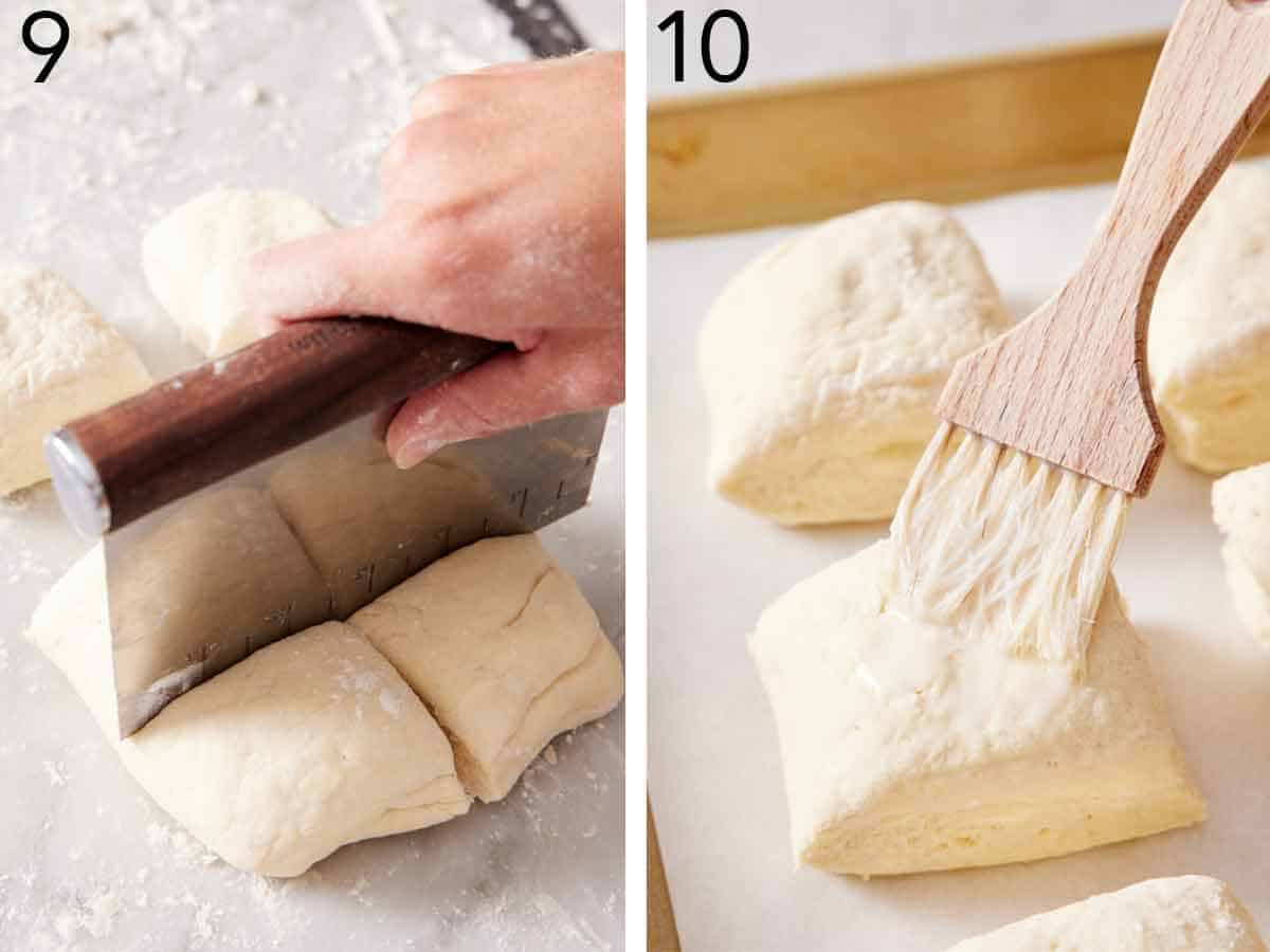 Set of two photos showing dough cut and brushed with liquid.