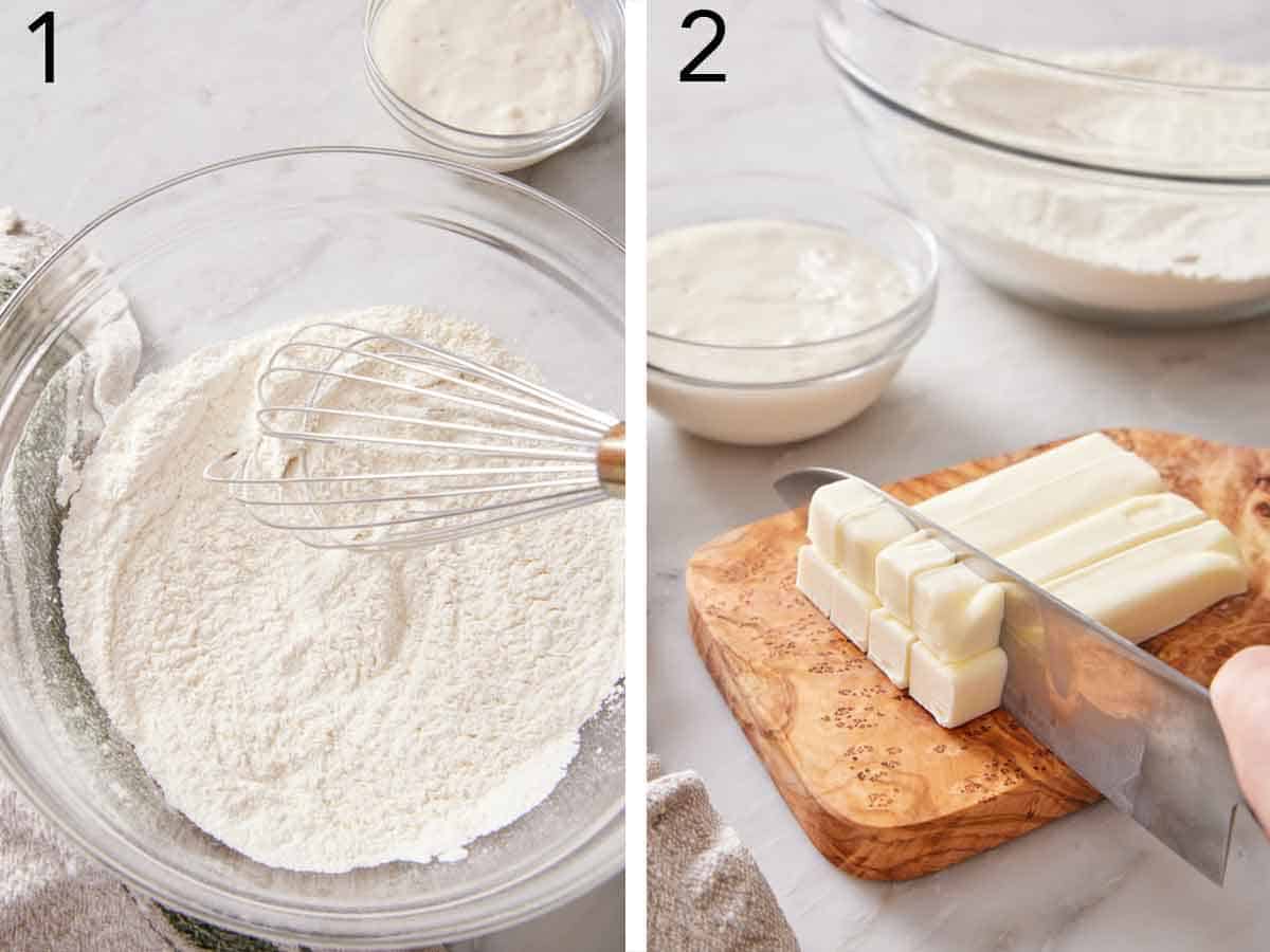 Set of two photos showing dry ingredients whisked together and butter cut.