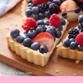 Pinterest graphic of a slice of tart topped with fruit cut and pulled forward, showing the edge of the tart crust.