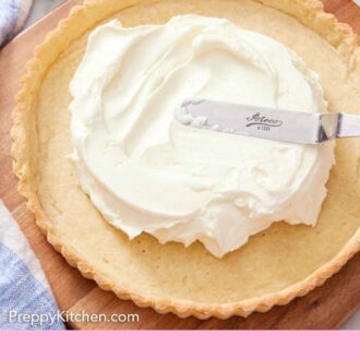 Pinterest graphic of pastry cream spread into a tart crust.