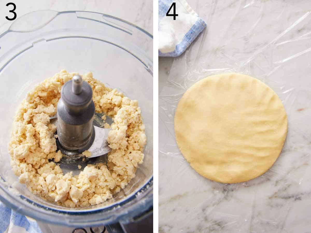 Set of two photos showing crumbly processed dough in a food processor then rolled into a round disk.