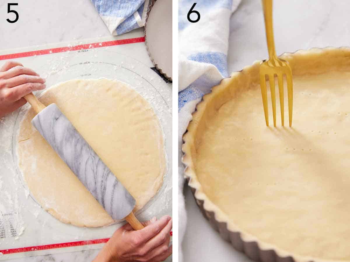 Set of two photos showing dough rolled out with a rolling pin then pressed into a tart pan and a fork poking the bottom of the tart crust.