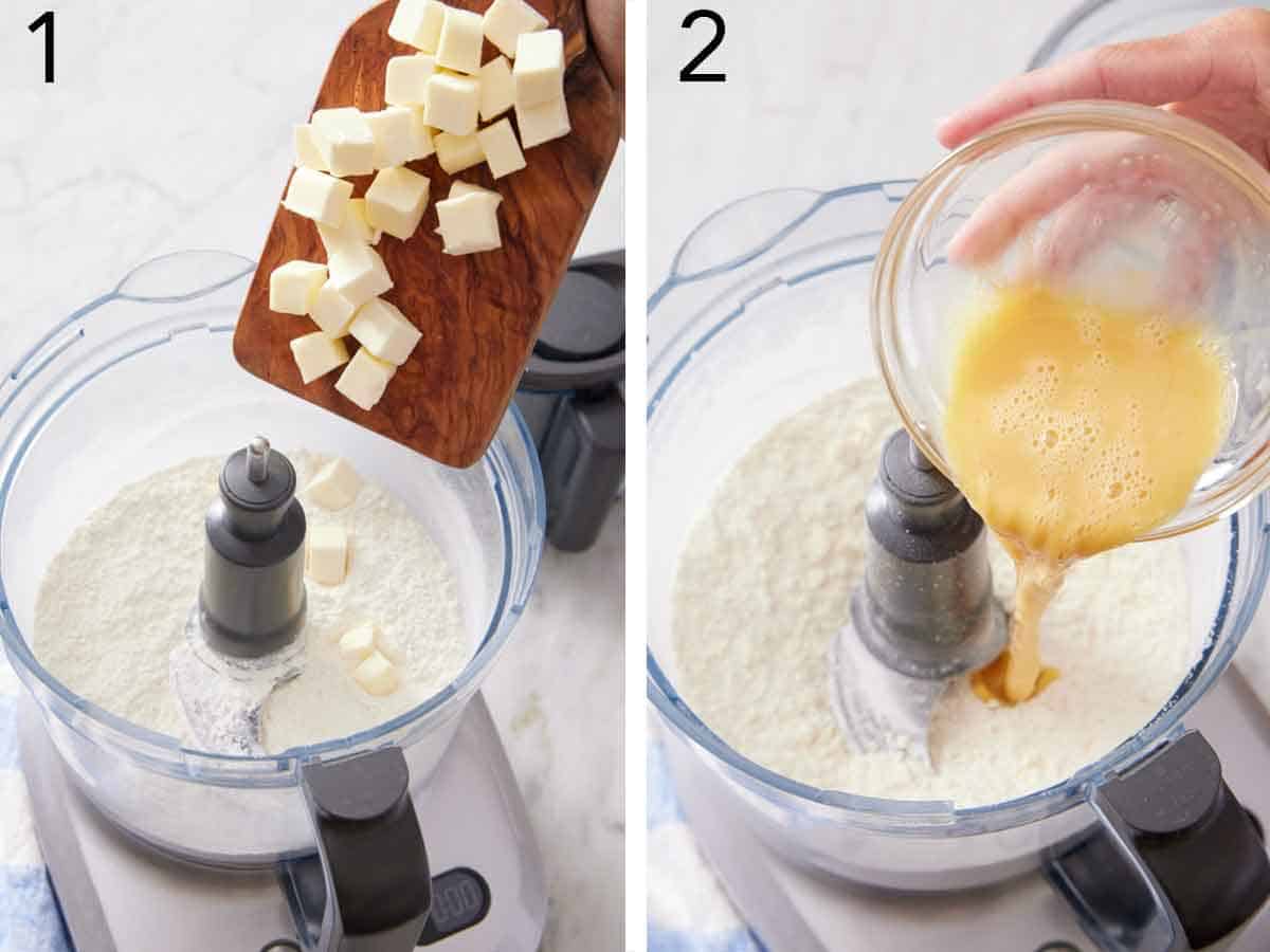 Set of two photos showing cubed butter added to a food processor and then eggs added.