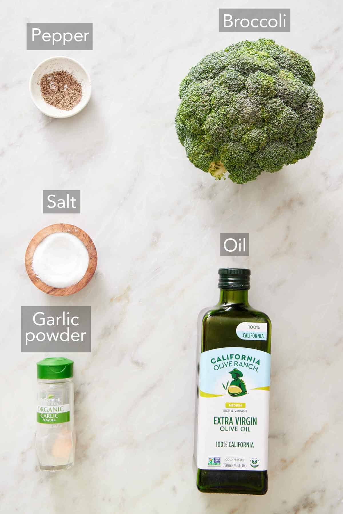 Ingredients needed to make air fryer broccoli.