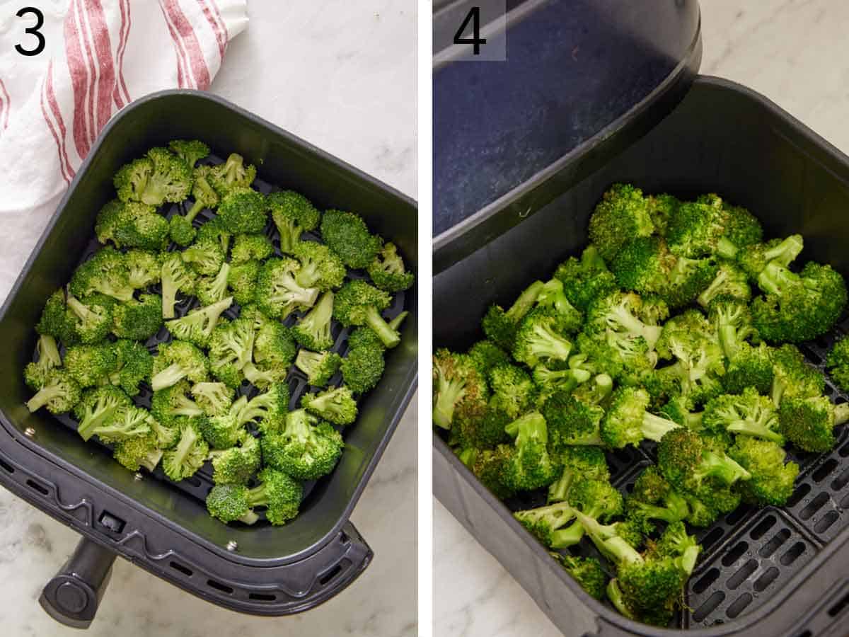 Set of two photos showing broccoli added to an air fryer basket and air fried.