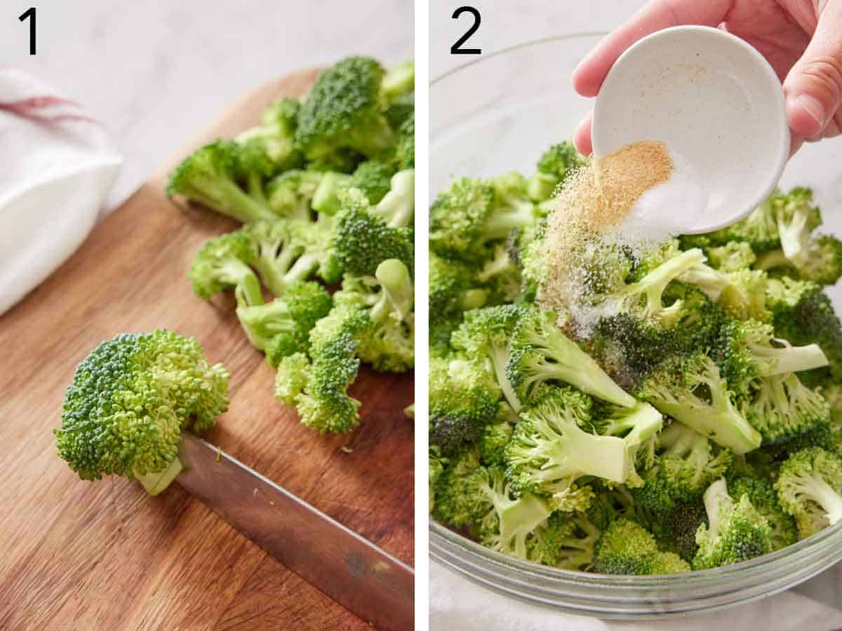 Set of two photos showing broccoli cut and salt and garlic powder sprinkled on top.