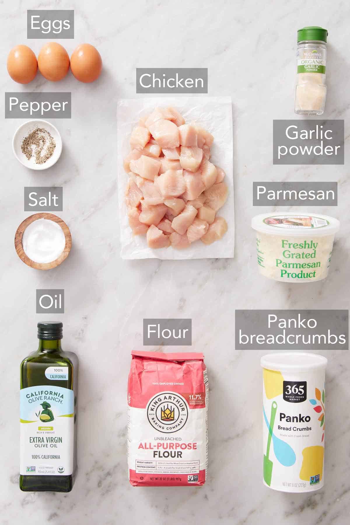 Ingredients needed to make air fryer chicken nuggets.