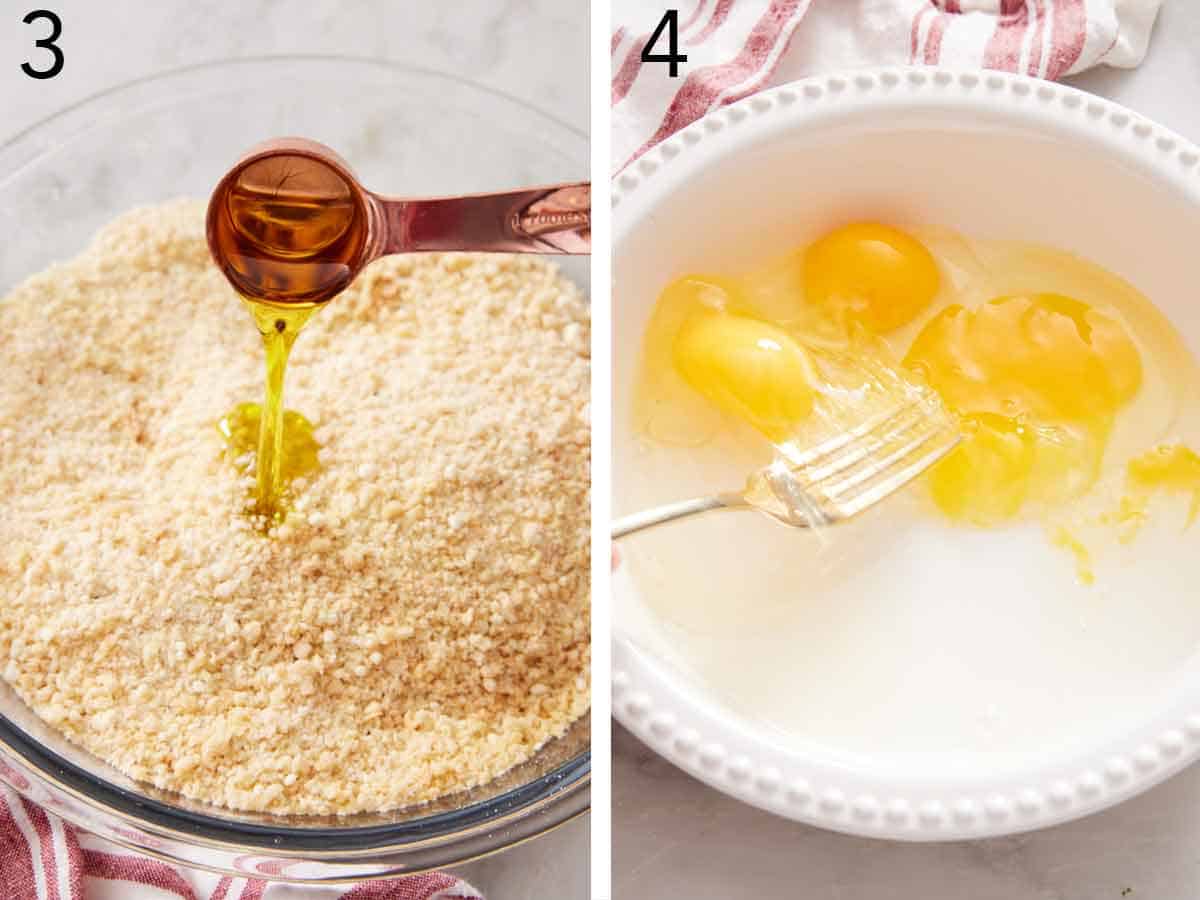 Set of two photos showing oil added to the seasoned panko breadcrumbs and eggs whisked in a bowl.