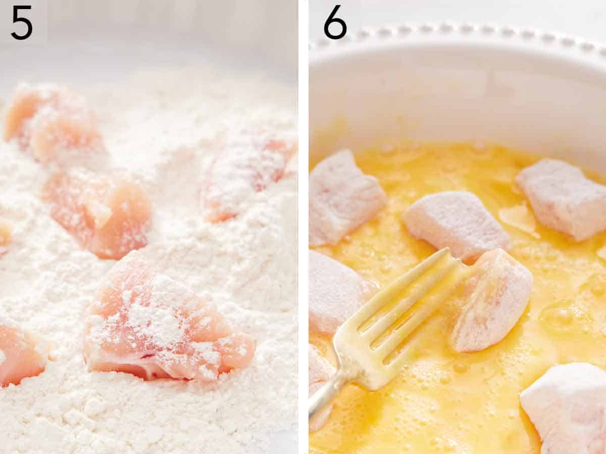 Set of two photos showing chicken coated in flour then dipped into the beaten eggs.