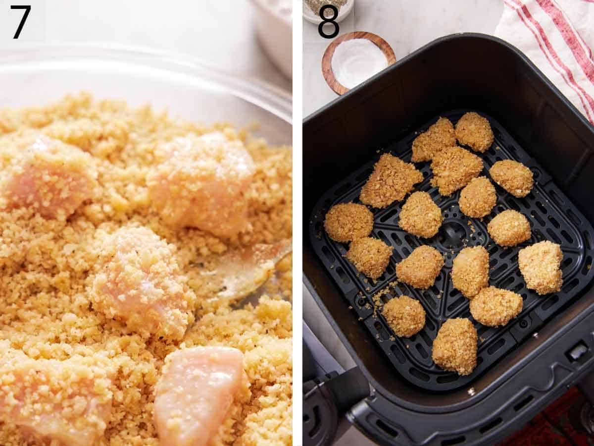 Set of two photos showing chicken coated in breadcrumbs and placed in an air fryer basket.