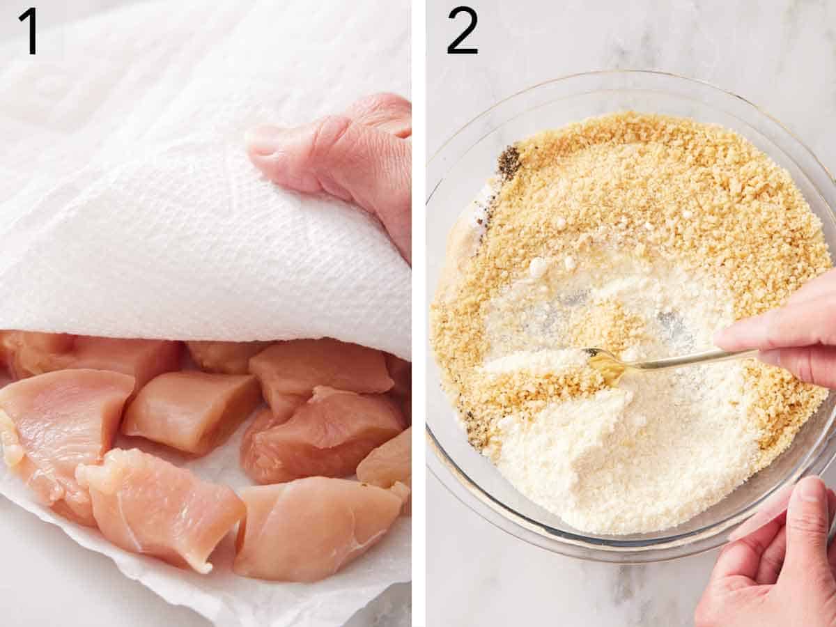 Set of two photos showing chicken pieces patted dry and dry ingredients mixed in a bowl.