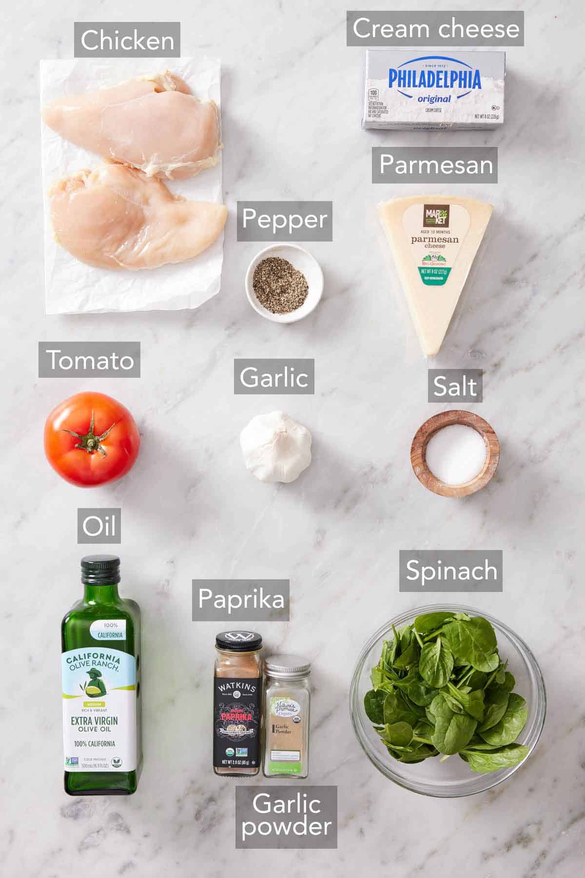 Ingredients needed to make air fryer stuffed chicken breasts.