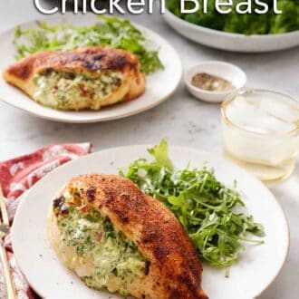 Pinterest graphic of a plate with an air fryer stuffed chicken breast with some arugula. A second plated serving in the back along with a drink and bowl of broccoli.