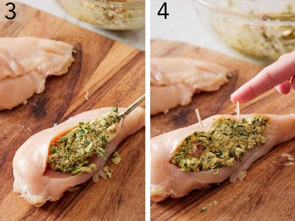 Set of two photos showing filling added to the cut chicken breast and toothpicks inserted to hold them.