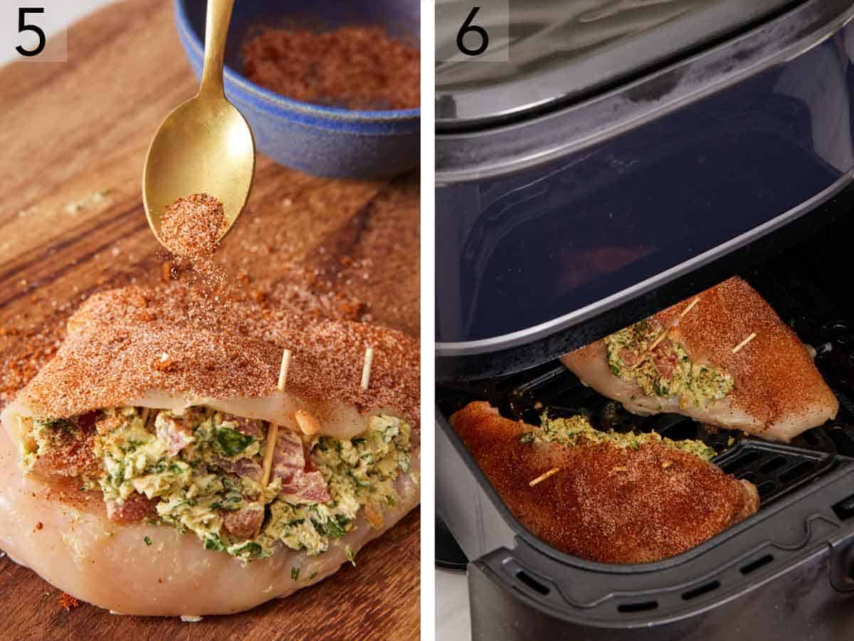 Set of two photos showing seasoning added over the chicken breast and placed in an air fryer.