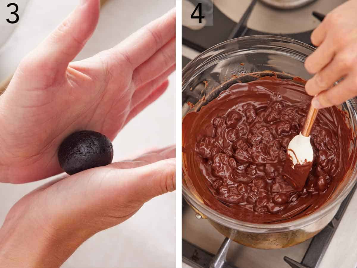 Set of two photos showing the brownie rolled into a ball and chocolate melted in a bowl.