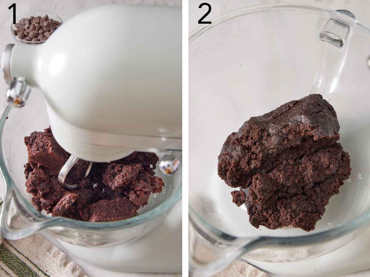 Set of two photos showing brownie mixed in a mixer.