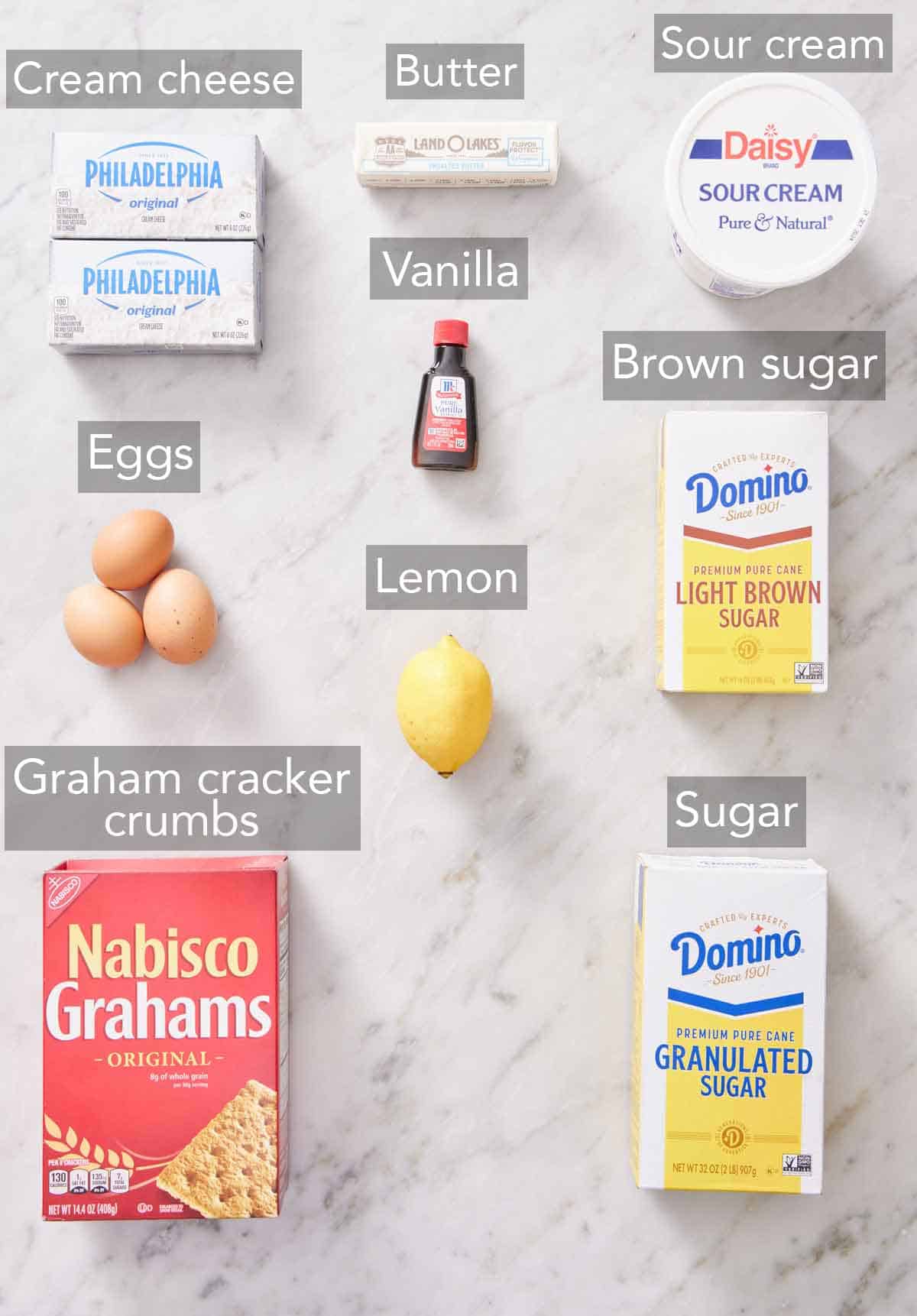 Ingredients needed to make cheesecake bars.