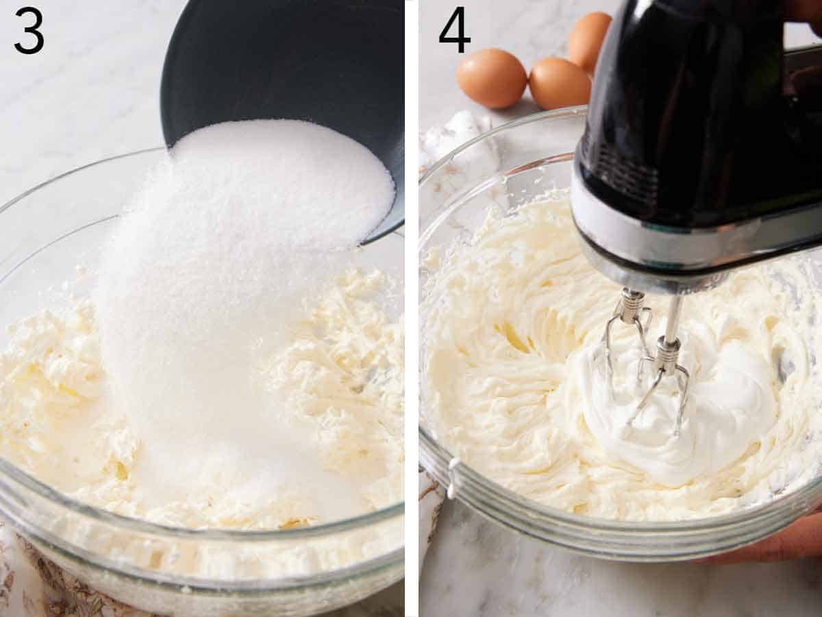 Set of two photos showing sugar added to beaten cream cheese and mixed together.