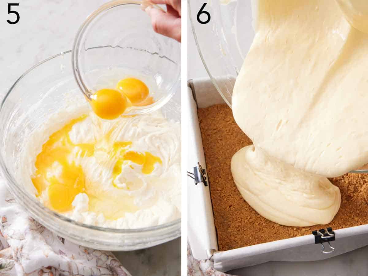 Set of two photos showing eggs added to the mixture then poured over the graham cracker crust.