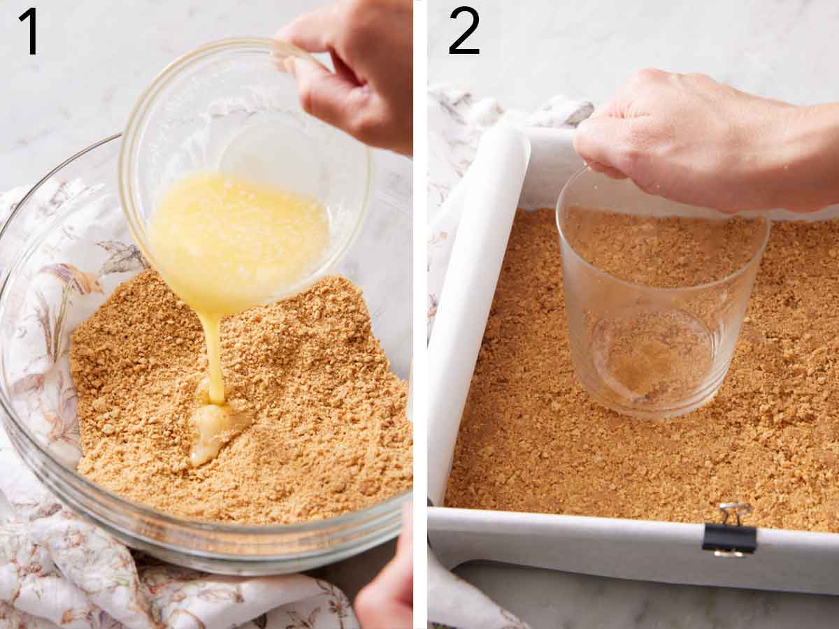 Set of two photos showing melted butter added to graham cracker crumbs and then pressed into a lined baking pan.