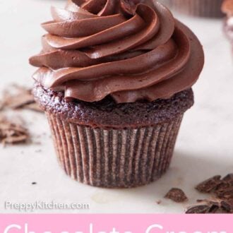 Pinterest graphic of a chocolate cupcake with chocolate cream cheese frosting on top.