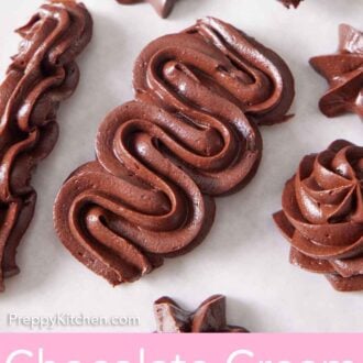 Pinterest graphic of chocolate cream cheese frosting pipped in different styles.