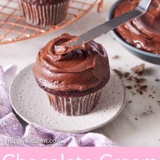 Pinterest graphic of chocolate cream cheese frosting spread over a chocolate cupcake on a plate. More cupcakes in the back on a cooling rack.