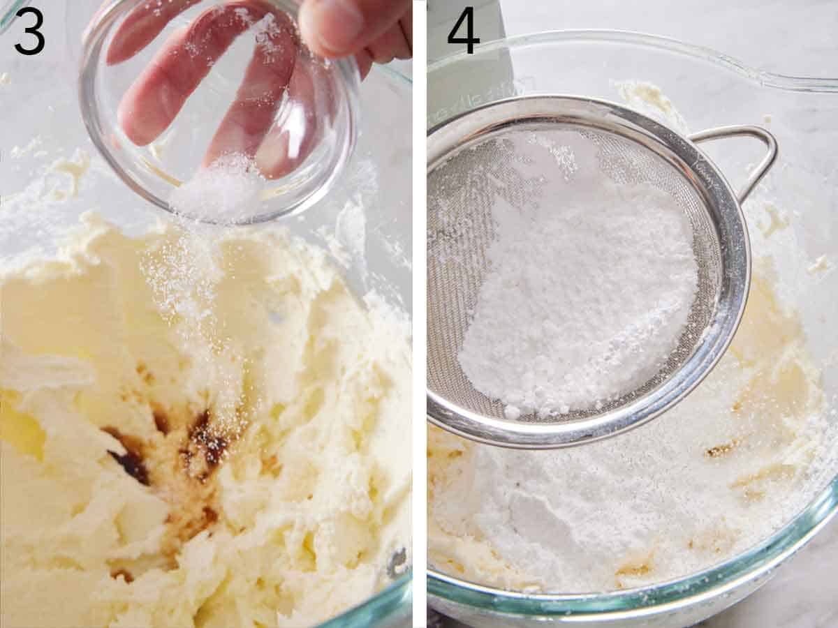 Set of two photos showing salt added to the mixture and powdered sugar sifted into it after.