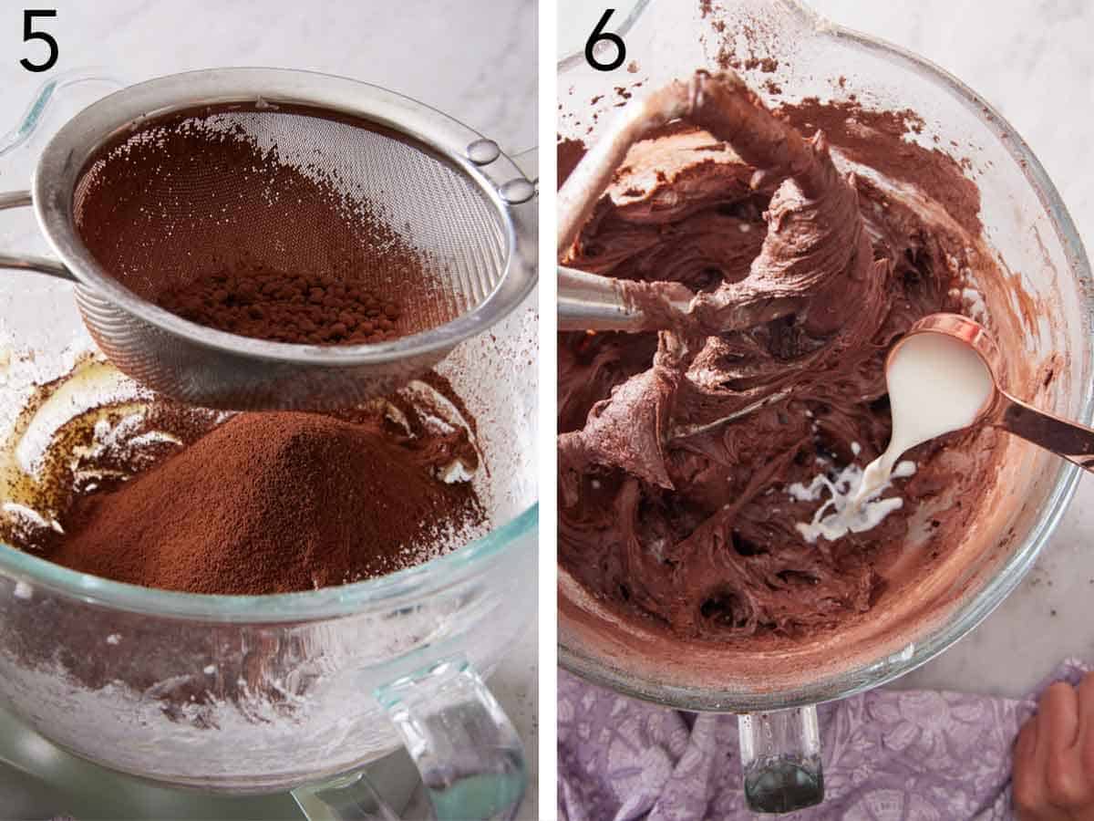 Set of two photos showing cocoa powder sifted into the mixture and milk added.