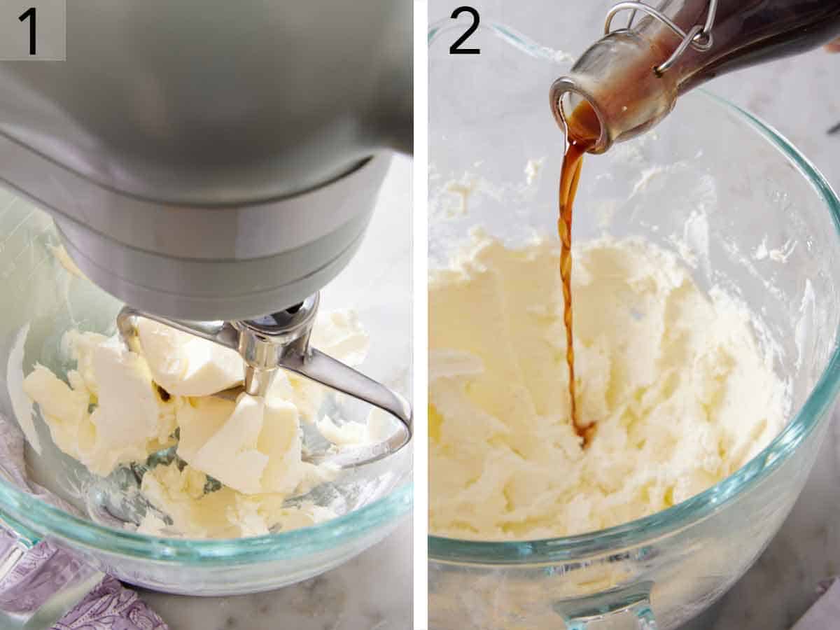 Set of two photos showing cream cheese beaten in a mixer and vanilla extract added.