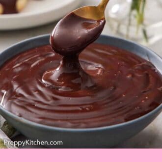 Pinterest graphic of a spoon lifting up a spoonful of chocolate gravy from a bowl.